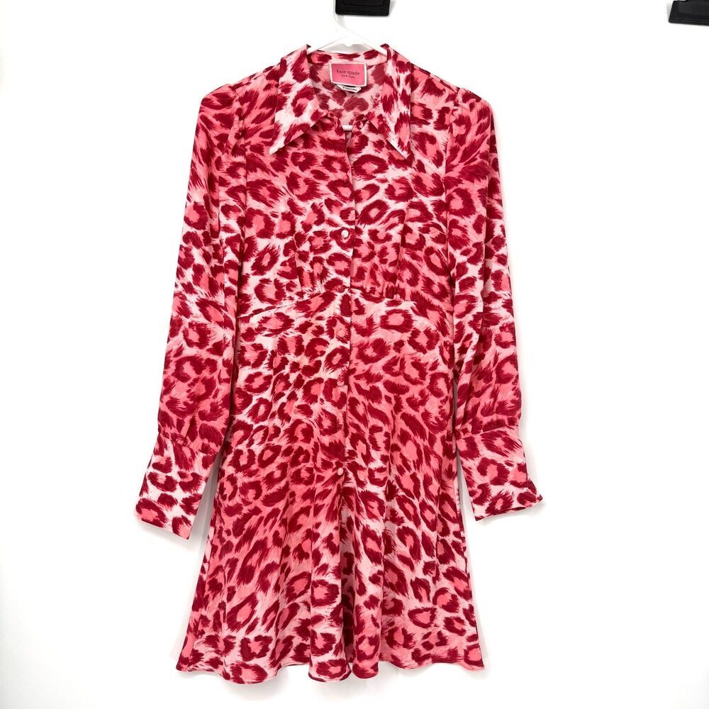 Kate Spade Womens Pink Long Sleeve Collared Panthera Leapord Shirt Dress Size 0